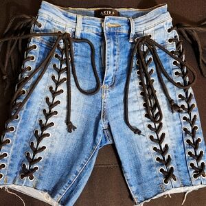 AKIRA Blue Denim Shorts with Black Lace-Up Design